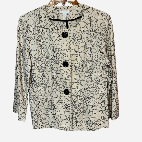 Charter Club Boho Floral Peplum Jacket Sz S Cream Black Linen Blend Quiet Luxury - Picture 1 of 6